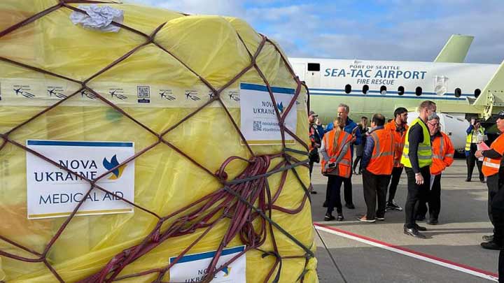 Aid packaged at an airport and bound for Ukraine.