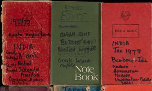 Image of the spines of three old books with annotations on them